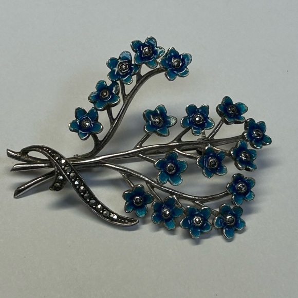 Vintage 1930s Germany Sterling Silver Enamel Marcasite Flower Bouquet Brooch pin